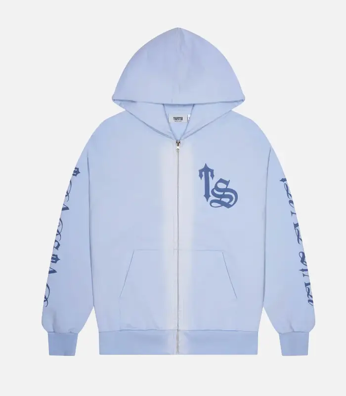 Trapstar-Script-Spray-Hoodie-Blue.webp Trapstar Script Spray Hoodie Blue - Image 1