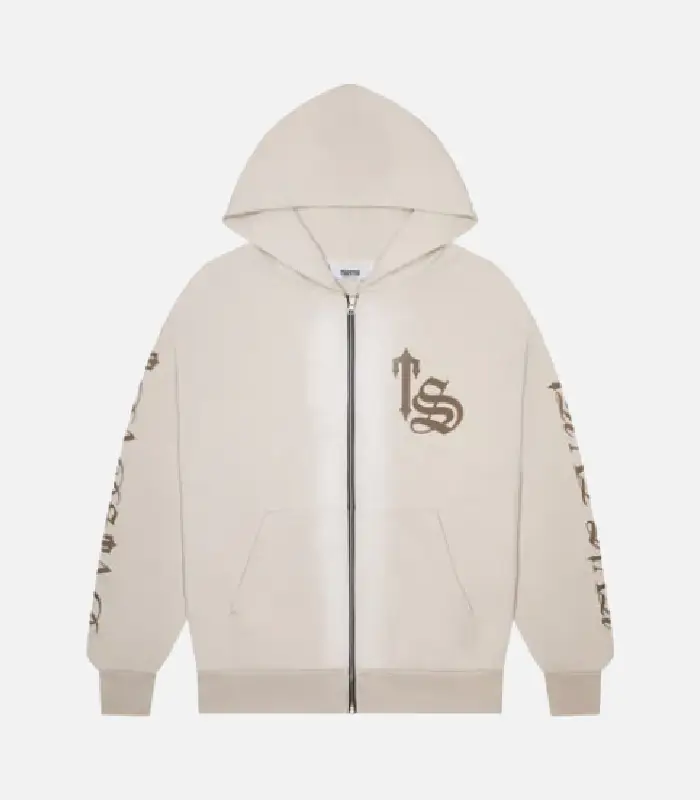 Trapstar-Script-Spray-Hoodie-Sand.webp Trapstar Script Spray Hoodie Sand - Image 1